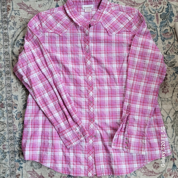 Ariat Tops - Ariat Pink Western Plaid Button Down with Silver Thread